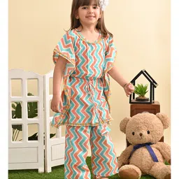 Superminis Pure Cotton Half Batwing Sleeves Zig Zag Printed Coordinating Kaftaan & Trouser Set - Sky Blue-picture-37
