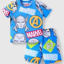 Babyhug Marvel Single Jersey Knit Half Sleeves Co-ords Shorts Night Suit with Avengers Graphics - Blue-image-50