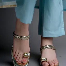 Shoetopia Stone Embellished Metallic Heeled Sandals - Golden-picture-24