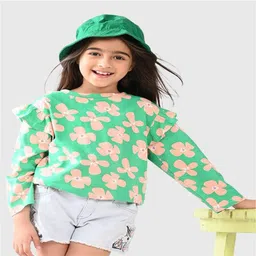 Bonkids Cotton Knit Full Sleeves Floral Printed Tee - Green-image-0
