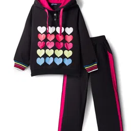 Pine Kids Looper Knit Full Sleeves Winter Wear Hooded Sweatshirt & Lounge Pant Set with Heart Print - Black & Dark Pink-image-73