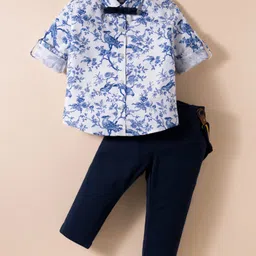 ToffyHouse Cotton Knit Full Sleeves Bird Printed Party Shirt & Trouser Set With Bow & Suspender - Navy Blue & White-picture-11