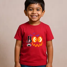 BLUSHES 100% Cotton Knit Halloween Theme Half Sleeves Boo Text Printed Tee - Red-picture-34