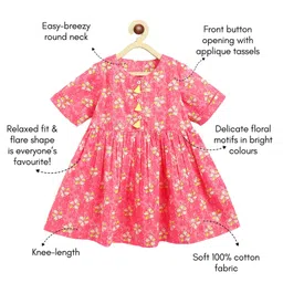 Campana 100% Cotton Woven Half Sleeves Floral Printed Dress - Pink & Yellow image 3