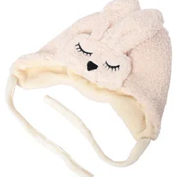 Kid-O-World Animal Face Detailed Ear Applique Fur Cap With String - Cream image 3