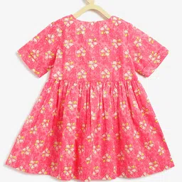 Campana 100% Cotton Woven Half Sleeves Floral Printed Dress - Pink & Yellow image 4