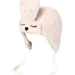 Kid-O-World Animal Face Detailed Ear Applique Fur Cap With String - Cream image 4
