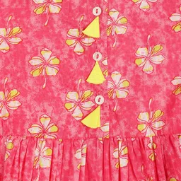 Campana 100% Cotton Woven Half Sleeves Floral Printed Dress - Pink & Yellow image 5