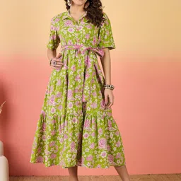OTABU Women Floral Printed Shirt Collar Tiered Belted Detail Fit & Flare Midi Dress-picture-19