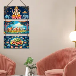 ArtVibes Blue & Pink Ganesha With Elephants & Turtle Mandala Art Wooden Wall Art-picture-10