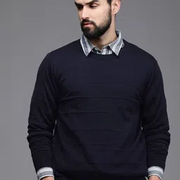 Raymond Men Navy Blue Self Design Pullover-picture-14