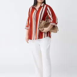 Gia by Westside Rust Striped Cotton Shirt-image-96