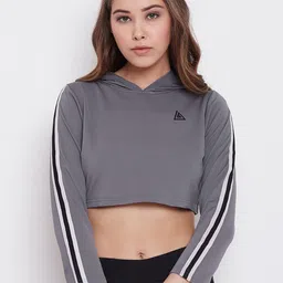 Aesthetic Bodies Women Charcoal Grey Solid Hood Crop T-shirt-image-13