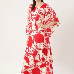 Cottinfab Polyester Red & Off White Printed Kaftan Night Dress-picture-6
