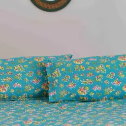 TEAL By Chumbak Japanese Grasslands Blue 144 TC Cotton Bedsheet with 2 Cushion Covers-image-8