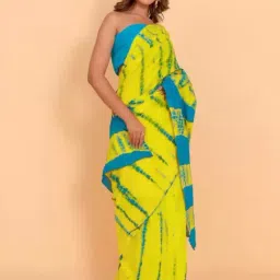 Satrani Yellow & Blue Cotton Tie & Dye Saree With Unstitched Blouse-image-63