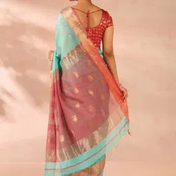 Taneira Sea Green & Red Woven Saree With Unstitched Blouse image 2