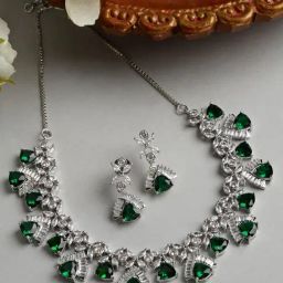 Zeneme Rhodium Plated Silver Toned Green AD Studded Contemporary Design Jewellery Set-picture-0