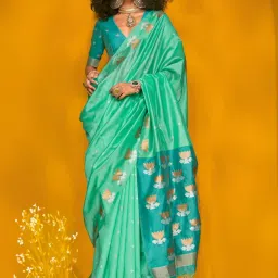 Saree Mall Turquoise Silk Self Saree with Blouse Piece image 2
