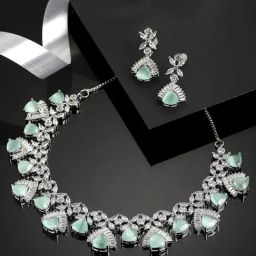 Zeneme Silver Toned Sea Green AD Studded Rhodium Plated Jewellery Set-picture-23