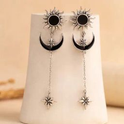 Voylla Silver Boho Tribe Starlit Moon Oxidised Drop Earrings-picture-12
