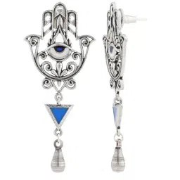 Voylla Silver Boho Tribe Sacred Hamsa Hand Oxidised Drop Earrings image 3