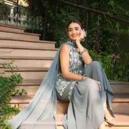 Juniper Grey Ethnic Motif Printed Georgette Kurta Sharara & Dupatta Set With Thread Work Embroidery image 4