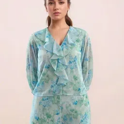 Zink London Blue Loose Fit Floral Print Top-image-15