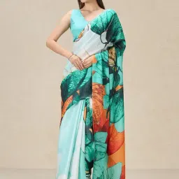 navyasa by liva Blue Printed Saree With Unstitched Blouse-picture-30