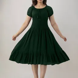 GREAT SELLER Women Round Neck Puff Sleeve Smocked Fit & Flare Dress-image-0
