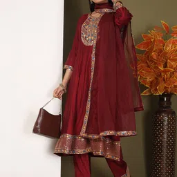 WOMENSIO Floral Embroidered Panelled Sequinned Art Silk Kurta With Trousers & Dupatta-picture-32