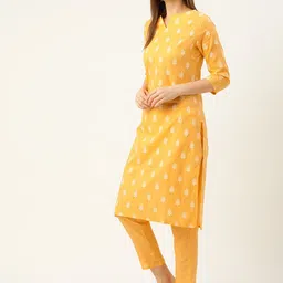 Anouk Women Yellow & Maroon Printed Pure Cotton Kurta with Trousers image 2