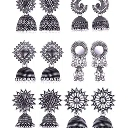 DIVASTRI Women Pack of 6 Oxidized Floral Jhumkas Earrings-image-9