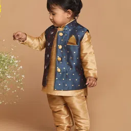 Vastramay Sleeveless Squares Embroidered Detail Nehru Jacket - Navy Blue-picture-15