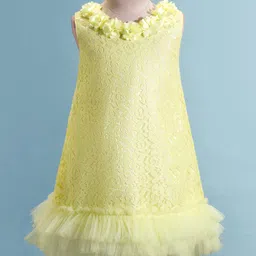 Babyhug Sleeveless A Line  Party Frock with Floral Corsage & Frill Detailing  - Yellow-picture-28