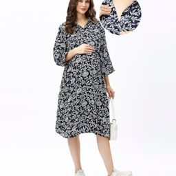 Bella Mama Woven Three Fourth Sleeves Maternity Shirt Dress with Leafy & Floral Print - Navy Blue-picture-48