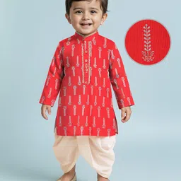 EARTHY TOUCH Single Jersey Knit Full Sleeves Kurta Dhoti Set With Foil Print - Red-picture-29