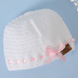 Funkrafts Handmade Woollen Solid Bow Designed Beanie Cap - White & Pink-image-22