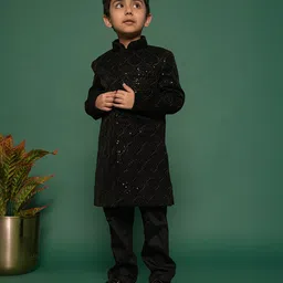 Vastramay Velvet Full Sleeves Threadwork Embroidered Sequins Embellished Sherwani Pant Set - Black-picture-16