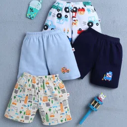 BUMZEE Cotton Pack Of 4 Vehicle & Rainbow Printed Shorts - Navy Blue & Sky Blue-picture-16