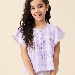 StyloBug Half Flutter Sleeves Checked & Lace Embellished Top -Lavender-picture-8