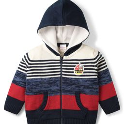Babyhug Knit Full Sleeves Hooded Front Open Striped Sweater with Patch Detailing & Kangaroo Pocket - Navy Blue-picture-44