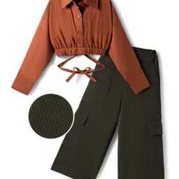 OLLINGTON ST. Poplin Woven Full Sleeves Solid Color Shirt & Waffle Jogger - Brown & Black-image-71