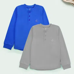 KiddoPanti Cotton Knit Pack of 2 Full Sleeves Solid Henley Neck Tee - Royal Blue & Light Grey-picture-12
