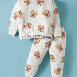 Little Darlings Fleece Knit Full Sleeves Co-ords Night Suit With Animal Print - Off White-picture-14