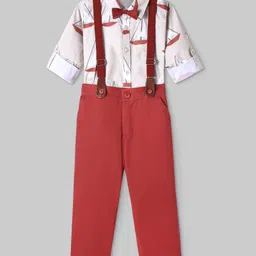 Ollington St. 100% Cotton Full Sleeves Collared Shirt & Twill Pant Set with Bow & Suspender Boat Print -Dark Red image 3