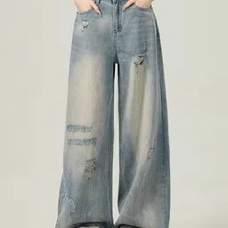 StyleCast x Revolte Women Wide Leg Mid-Rise Mildly Distressed Light Fade Jeans-picture-35