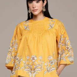 Label Ritu Kumar Yellow Cotton Loose Fit Floral Print Top-picture-25