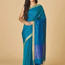 Fabindia Teal Blue Woven Saree Without Blouse-image-39