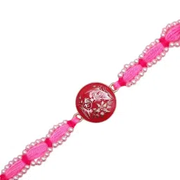 Aapno Rajasthan Pink Handcrafted Shree Motif Casual Rakhi with Roli Chawal & Greetings Card image 2